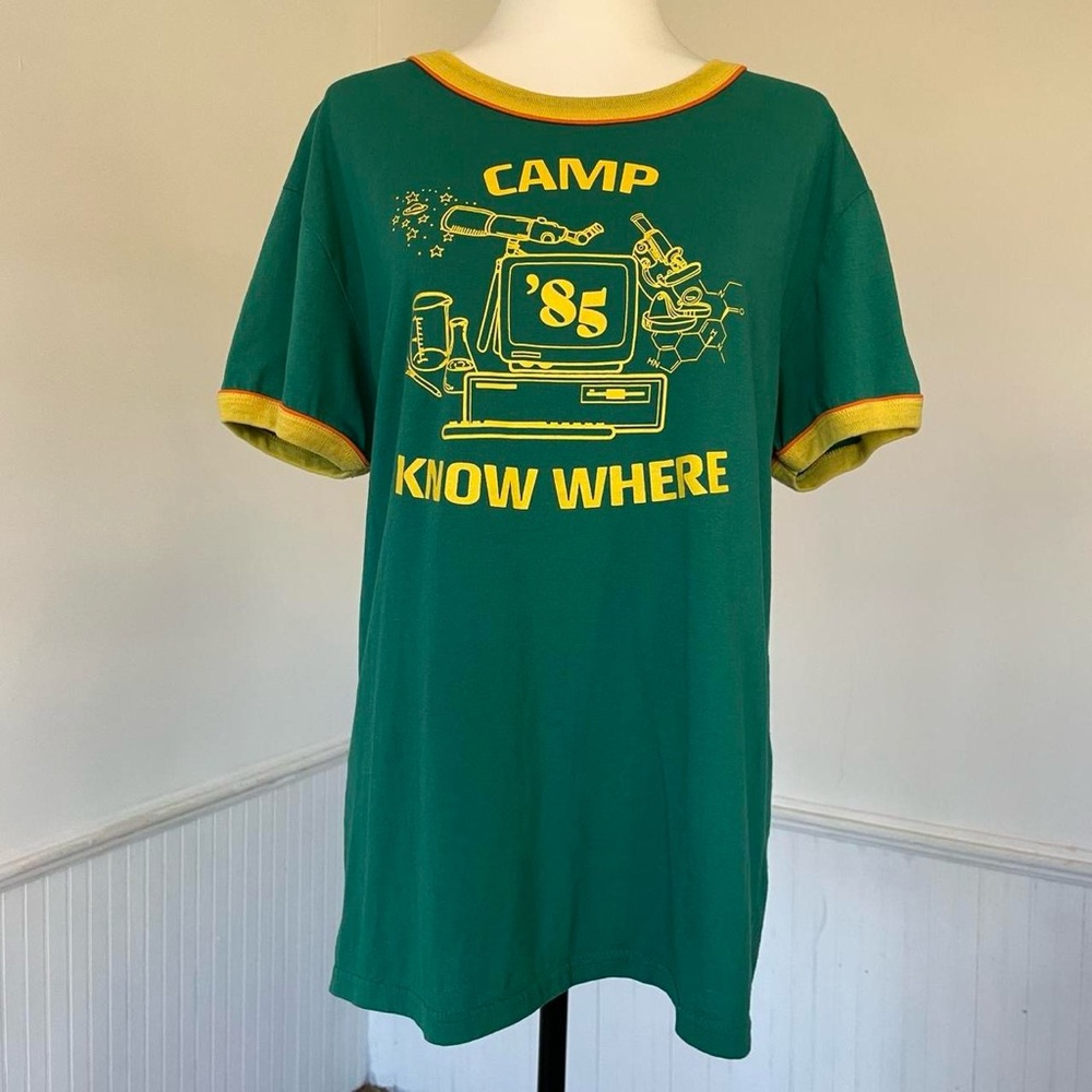 Stranger Things Dustin Camp Know Where ‘85 Green Yellow Ringer Short Sleeve Tee
